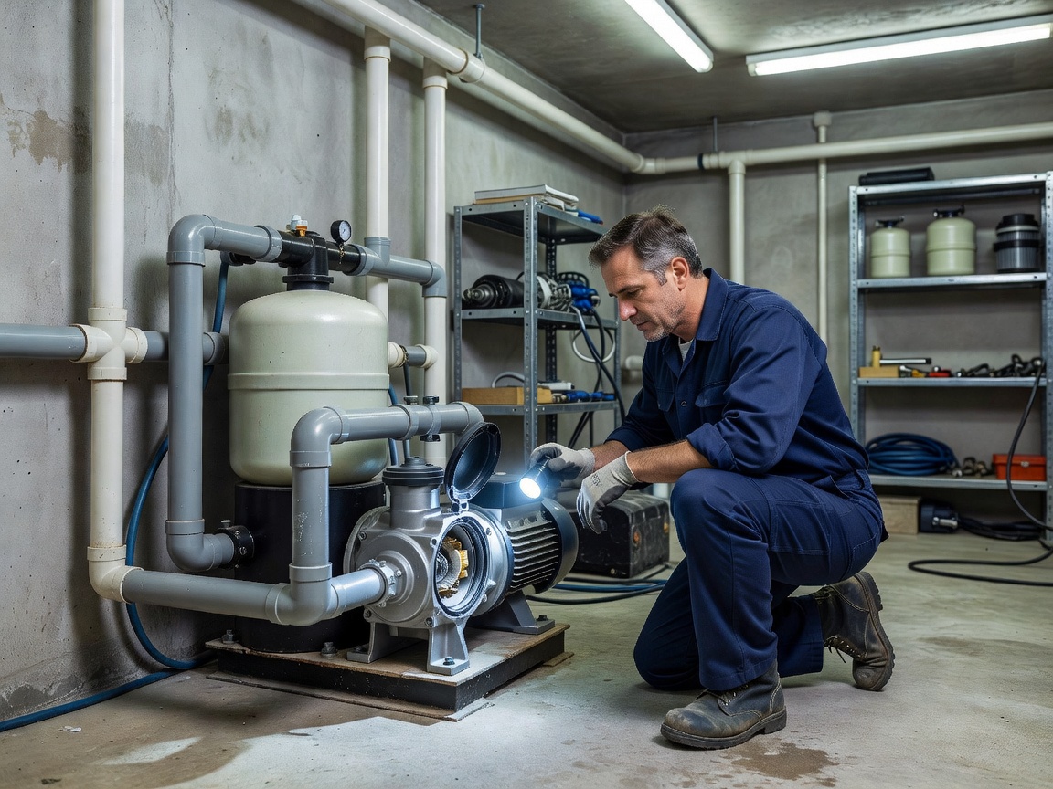 Teknisk rom for basseng med pumpe- og filtersystem som blir inspisert